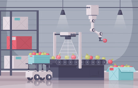 Smart farming cartoon composition with indoor scenery automated cart with fruits box manipulator arm and conveyor vector illustrationのイラスト素材