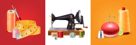 Sewing machine square set with needles and scissors realistic isolated vectors illustrationのイラスト素材