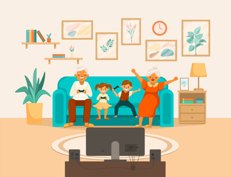 Elderly people happy life cartoon composition grandma and grandpa play console games with their grandchildren vector illustrationのイラスト素材