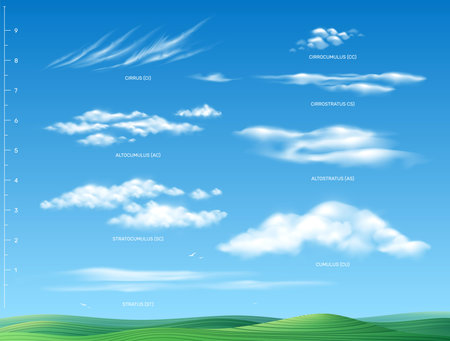 Clouds infographic set with outdoor scenery clear sky background and different types of clouds with measure vector illustrationのイラスト素材