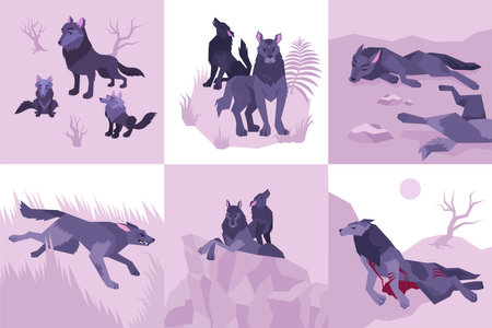 Six isolated Mowgli flat icon set with wolves howl defeated killed bleeding and running vector illustrationのイラスト素材