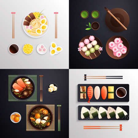 Traditional japanese food cuisine flat 2x2 design concept with four square compositions with served dishes images vector illustrationのイラスト素材