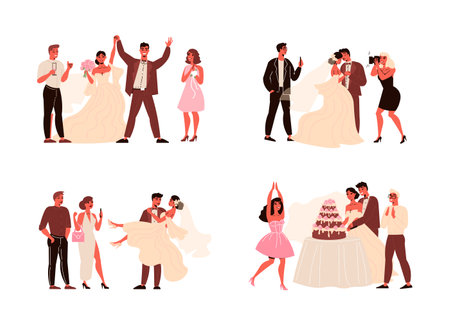 Couple wedding ceremonies set of isolated compositions with bride groom and their guests with cakes gifts vector illustrationのイラスト素材