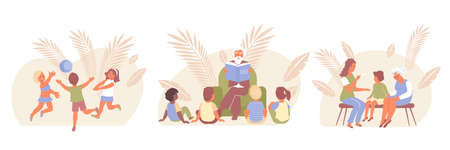 Flat child protection composition icon set with company plays ball children listen to stories from the Bible parents check the childs temperature vector illustrationのイラスト素材