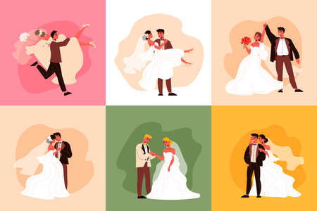 Wedding couple design concept with characters of bride and groom in various situations wearing ceremony costumes vector illustrationのイラスト素材