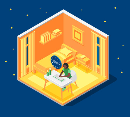 Earth hour isometric composition with woman reading by candle light for 60 minutes 3d vector illustrationのイラスト素材