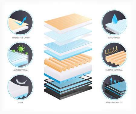 Layered materials realistic composition with round icons of different types with text captions and samples stack vector illustrationのイラスト素材