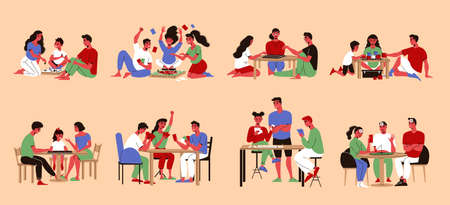 Set of isolated doodle style compositions with characters of family members playing games with blind cards vector illustrationのイラスト素材