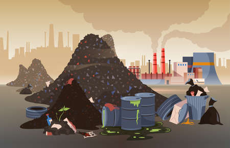 Polluted city area with mountains of rubbish toxic waste and working factories flat vector illustrationのイラスト素材