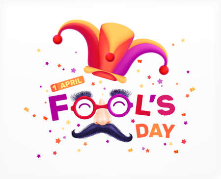 Fools day 1 april realistic lettering composition with editable text and joker hat with fake moustache vector illustrationのイラスト素材