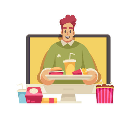 Cartoon icon with happy male blogger holding tray with fast food vector illustrationのイラスト素材
