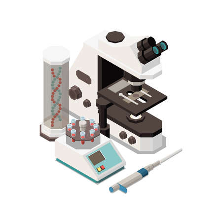 Stem education isometric concept icons composition with images of lab equipment with microscope and dna in tube vector illustrationのイラスト素材