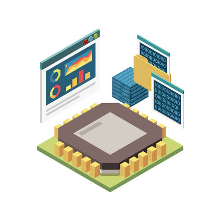 Stem education isometric concept icons composition with image of microchip with binary code screens...