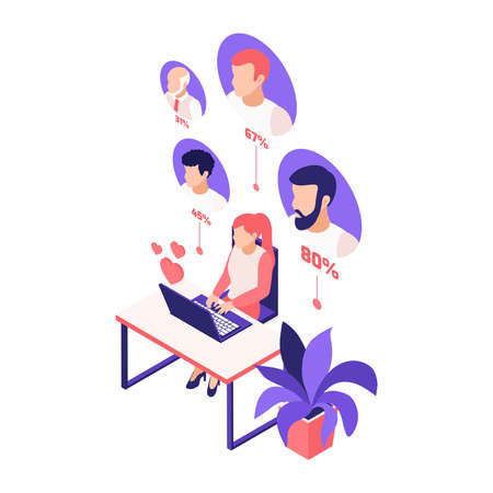Virtual relationships online dating isometric composition with girl sitting at table with laptop and potential partners avatars with percentage vector illustrationのイラスト素材