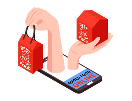 Isometric delivery food composition with image of smartphone and human hands with food boxes vector illustrationのイラスト素材