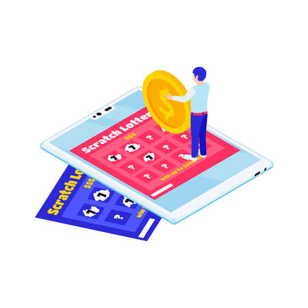 Online lottery isometric icon with scratch cards gadget and character holding gold coin 3d vector illustrationのイラスト素材