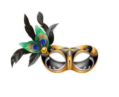 Realistic carvinal mask composition with isolated image of masquerade mask with peacock feathers vector illustrationのイラスト素材