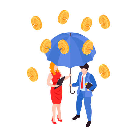 Financial crisis isometric concept with cracked coins falling on businessmen under umbrella 3d vector illustrationのイラスト素材