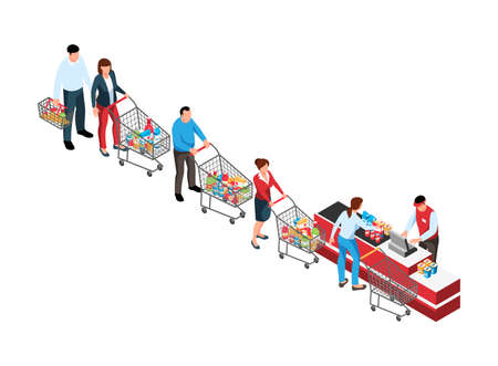 Isometric queue composition with supermarket visitors trolley carts and checkout cashier vector illustrationのイラスト素材