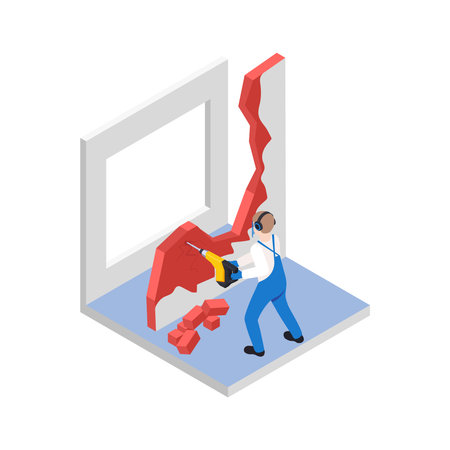Renovation repair works isometric composition with character of worker breaking old wall vector illustrationのイラスト素材
