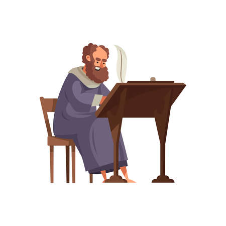 Cartoon icon of bearded medieval annalist writing with feather vector illustrationのイラスト素材