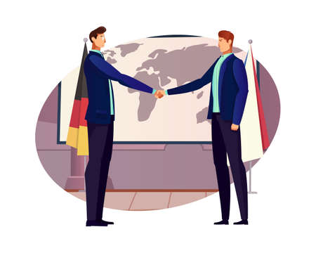 Diplomacy flat composition with two characters handshaking on background with world map and flags vector illustrationのイラスト素材