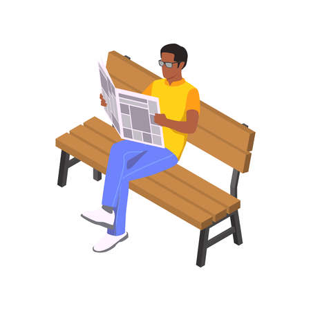 Isometric character of reading man with newspaper on wooden bench 3d vector illustrationのイラスト素材