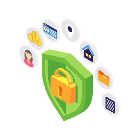 Personal data protection isometric concept with green shield on white background 3d vector illustrationのイラスト素材