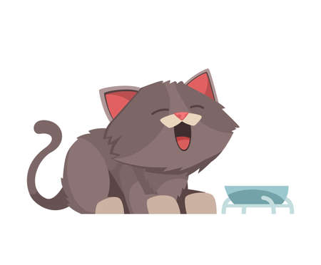 Grey kitten yawning near his bowl cartoon vector illustrationのイラスト素材