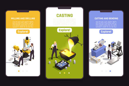 Metalworking operations 3 isometric mobile screens with turning lathe casting cutting bending milling drilling machines vector illustrationのイラスト素材
