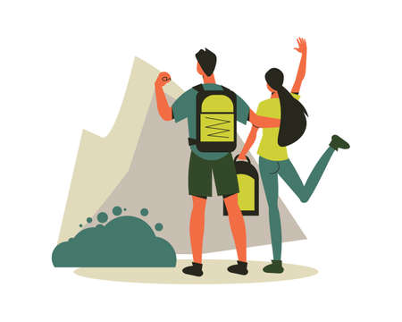 Hiking composition with characters of loving couple standing on mountain peak vector illustrationのイラスト素材