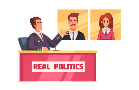 Political talk show composition with character of show host sitting at table discussing candidates vector illustrationのイラスト素材