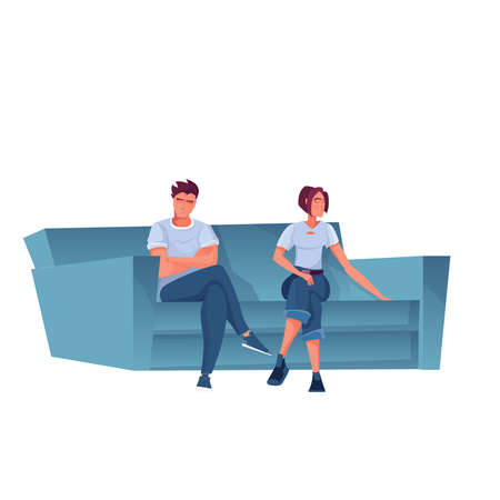 Two offended sad people sitting on sofa flat vector illustrationのイラスト素材