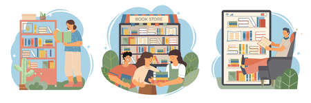 Book composition flat icon set different ways of reading books from the home shelf the bookstore and reading on a tabletのイラスト素材