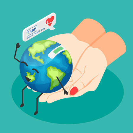 World health day concept with female doctor hands holding smiling planet earth on green background...