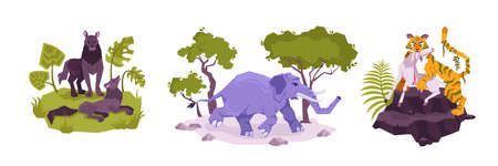 Set of three isolated compositions with exotic plants and wild animals wolves elephant tiger eating antelope vector illustrationのイラスト素材