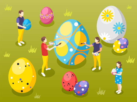 Easter isometric composition with view of grass lawn with human characters painting big eggs with brushes vector illustrationのイラスト素材