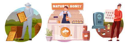 Beekeeping flat compositions with people protecting bees collecting and selling natural honey isolated vector illustrationのイラスト素材