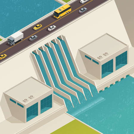 Green energy ecology isometric composition water purification structure with a bridge on top vector illustrationのイラスト素材