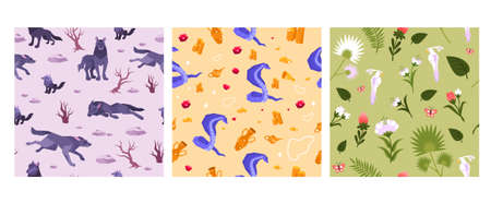 Three squares animal flat pattern with a pack of wolves running a snake guarding the treasure and different flowers vector illustrationのイラスト素材