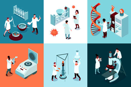 Isometric science laboratory design concept with set of square compositions with laboratory...