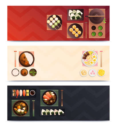 Set of three horizontal traditional japanese food cuisine banners with flat images of dishes with cutlery vector illustrationのイラスト素材