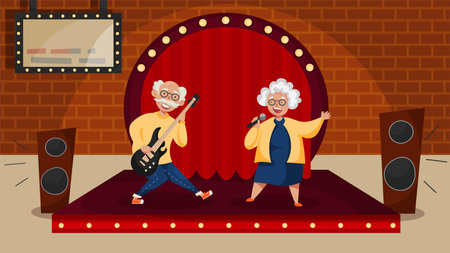 Music activities for senior elderly cartoon composition with aging couple performing onstage singing playing guitar vector illustrationのイラスト素材