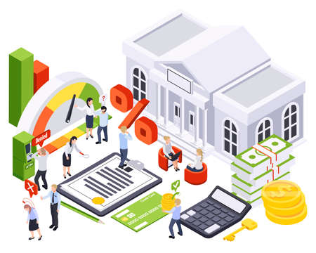Bank loan isometric composition with icons of bar charts payment methods with bank building and people vector illustrationのイラスト素材