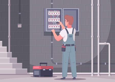Electrician cartoon composition with indoor view of staircase and man in uniform working with power panel vector illustrationのイラスト素材