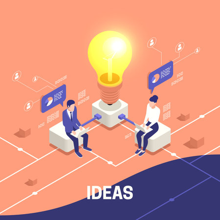Isometric business concept with creative man and woman working behind computers connected to glowing light bulb generating idea vector illustrationのイラスト素材