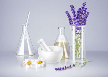 Aromatherapy realistic composition with glass ware mortar and fresh lavender and camomile flowers vector illustrationのイラスト素材