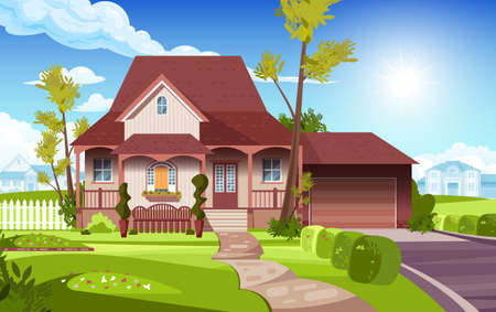 View of the front yard of the suburban country house flat vector illustrationのイラスト素材
