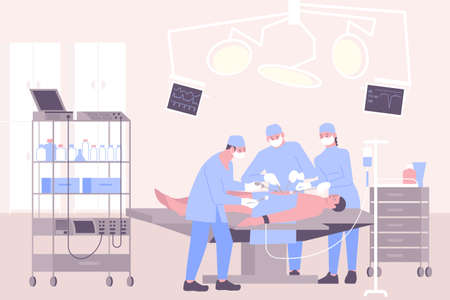 Operation in hospital flat composition with surgery room scenery and group of surgeons performing surgical operation vector illustrationのイラスト素材