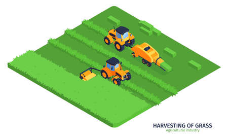 Agricultural industry isometric vector illustration with machinery for harvesting of grass on green fieldのイラスト素材